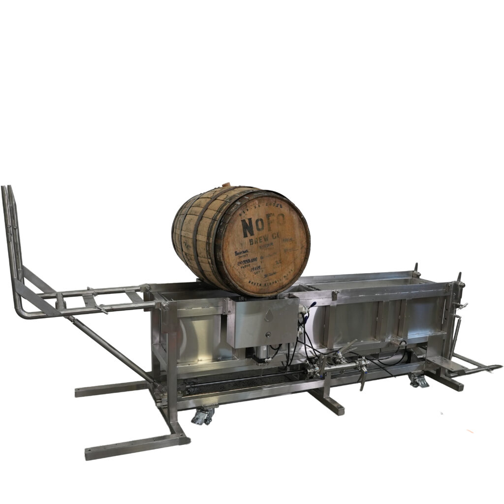 image of a pneumatic barrel dump trough with a whiskey barrel being lifted into position