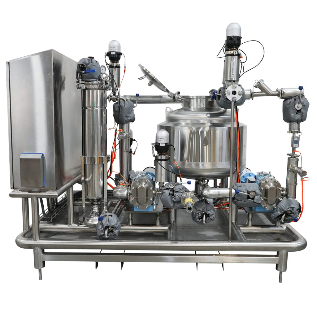 front view of a Waterless CIP skid with heated oil-based clean-in-place system for water-sensitive processing