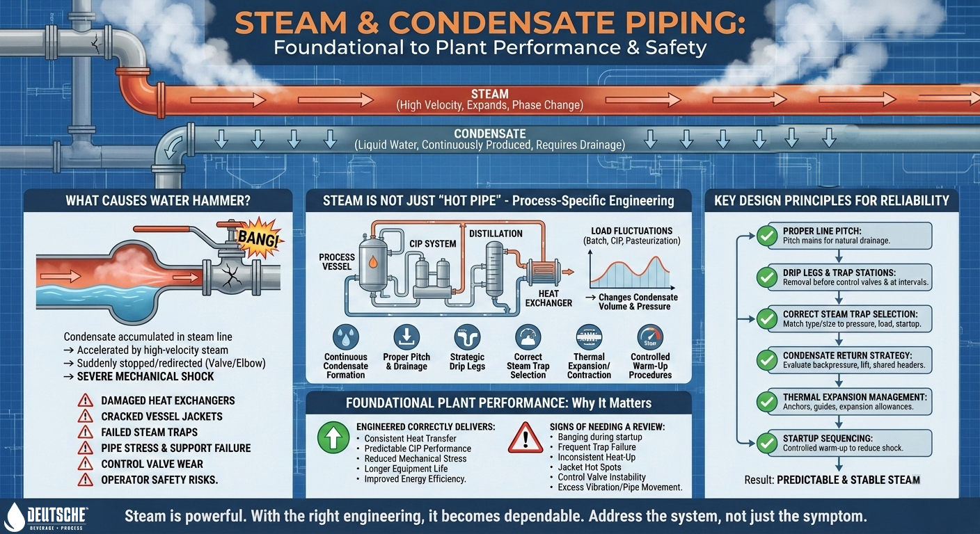 infographic showing importance of steam and condensate piping design and preventing water hammers