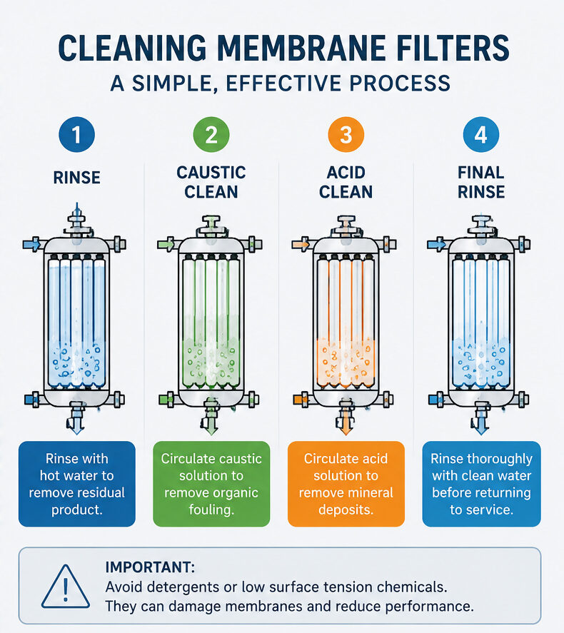 infographic explaining how to clean membrane filters in brewing applications